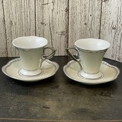 T Bavaria Germany Vintage Set Of 2 Demitasse Light Yellow White Cups Saucers