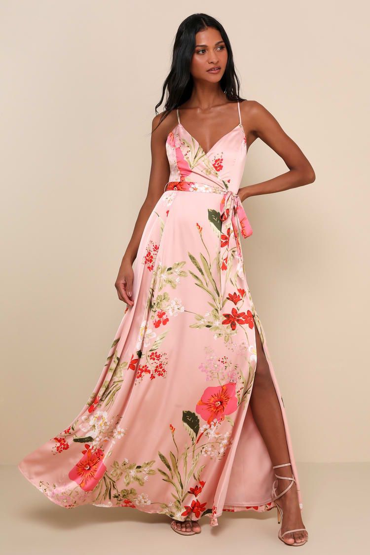 Lulus Blush Pink Floral Print Satin Maxi Dress Size M