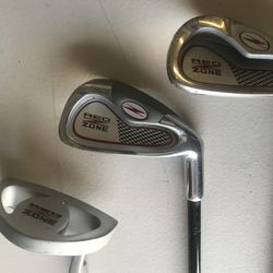 Golf Clubs Red Zone. Putter, 5 Iron, Wedge. 