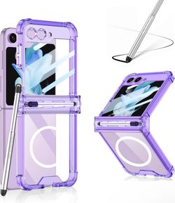 Samsung Galaxy Z Flip 5 Clear Case with S Pen and Hinge Protection,Compatible with MagSafe Wireless Charger Slim Fit Transparent Hard PC Back Soft TPU