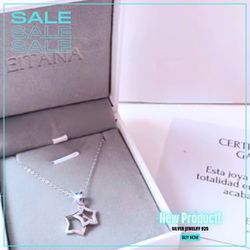 Silver necklace with double star pendant for women with rhodium plyating