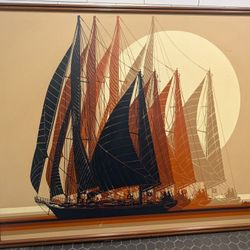 Vintage Letterman Painting Retro Art Acrylic On Canvas Regatta At Sunset Please Read
