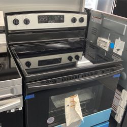 New Scratch And Dent Amana 4 Burner Glass Too Black And Stainless Steel Slide In Range. 1 Year Warranty 