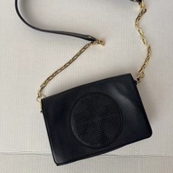Tory Burch Black Leather Crossbody Bag Purse With Gold Hardwares