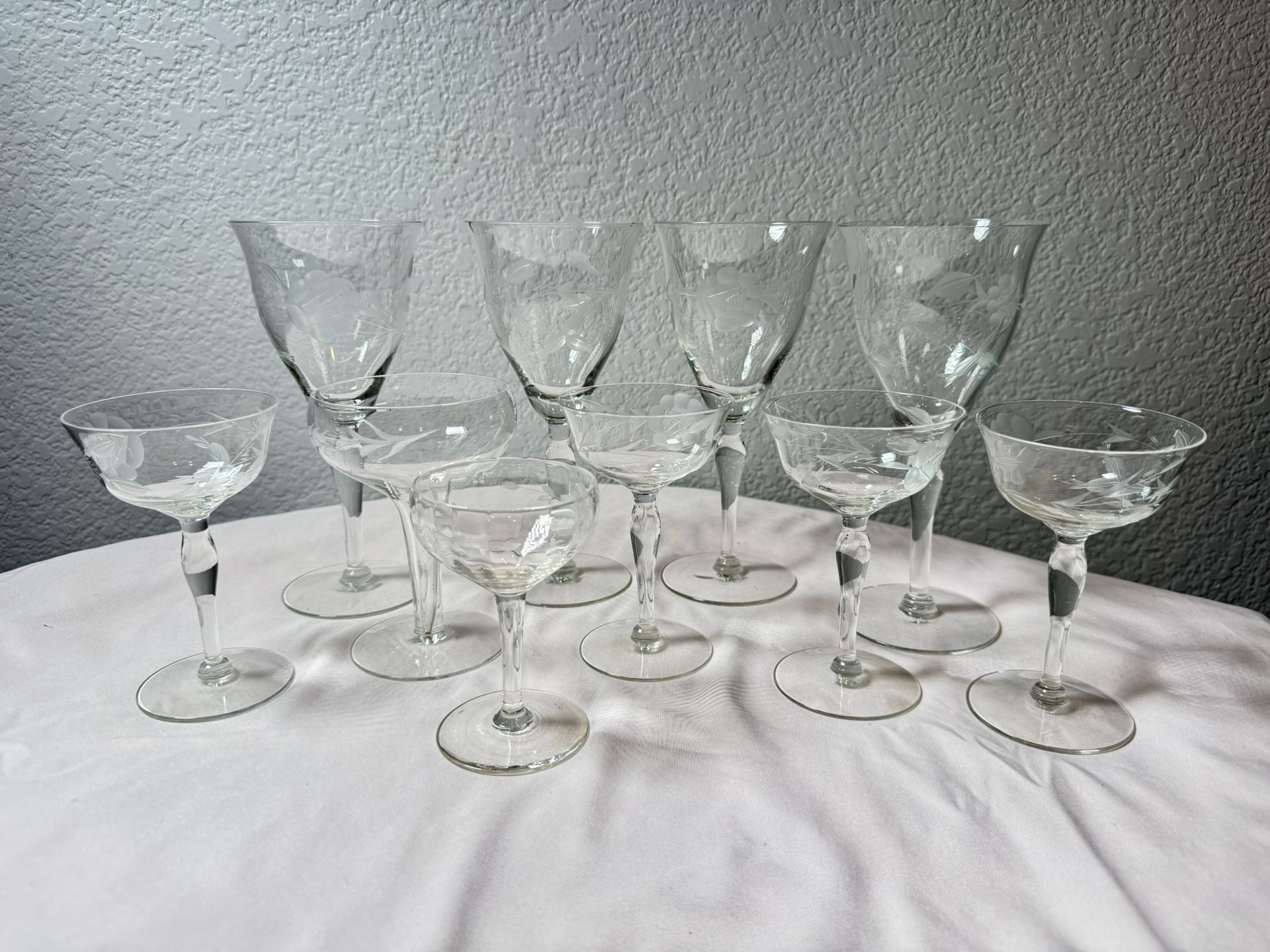 Vintage Etched Crystal Wine & Champagne Glass Set Floral Bohemian 12 Pcs