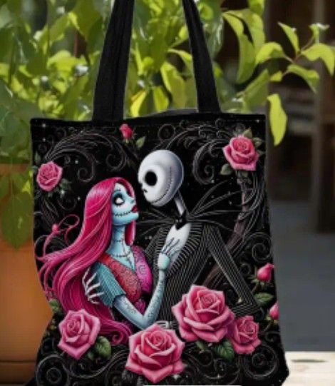 Jack Skellington & Sally Halloween Tote Bag - Large Capacity Linen Shoulder Bag