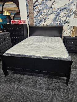 New in box black queen bed frame with mattress & boxspring