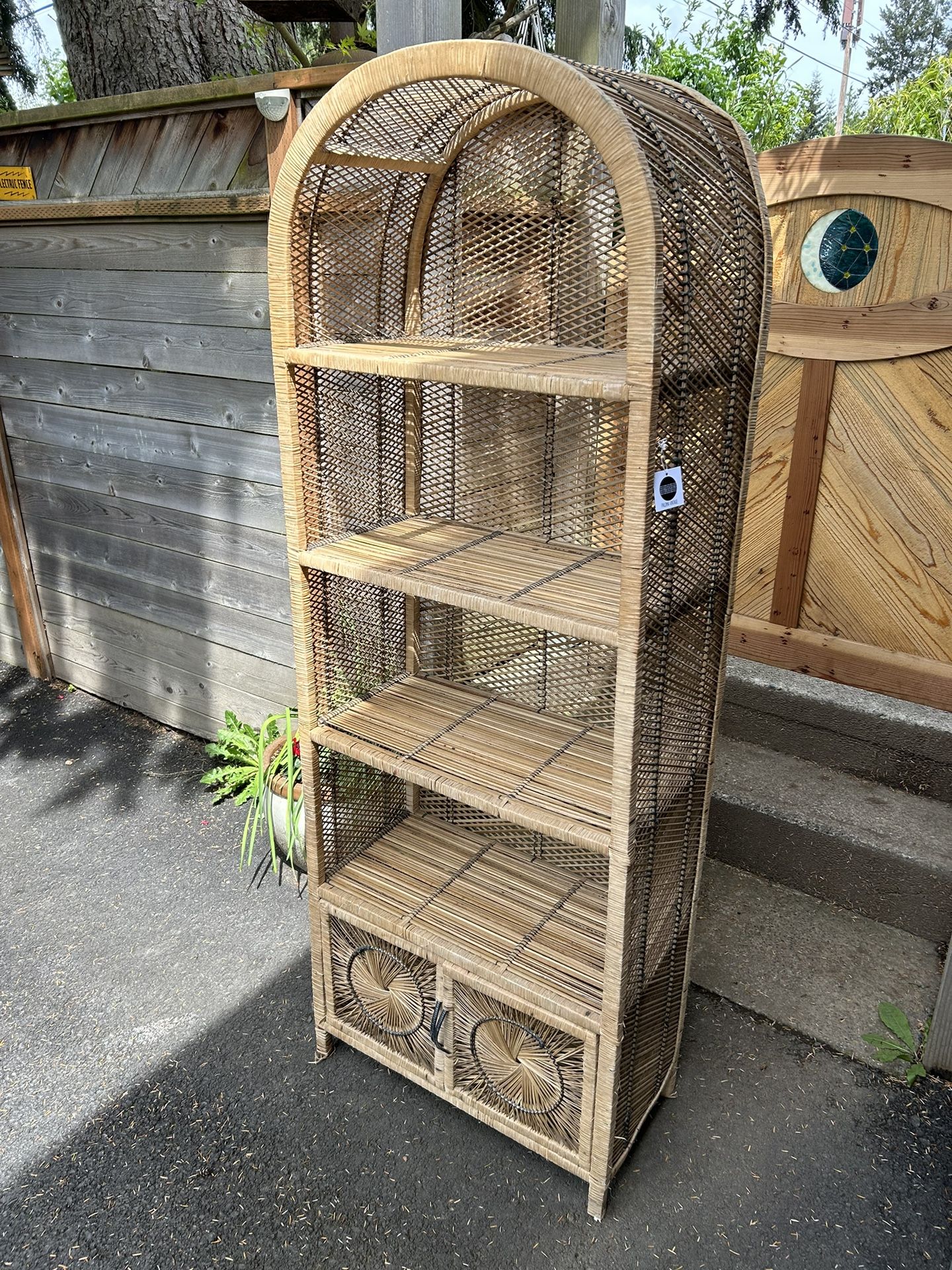 Vintage Boho 80s 70s Wicker Shelf With Closing Doors 4 Shelves