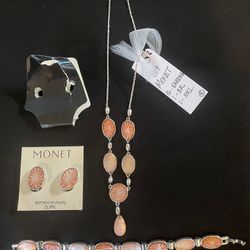 MONET JEWELRY SET- MOTHER OF PEARL-Clip Earrings/Bracelet/Necklace-Marked Monet