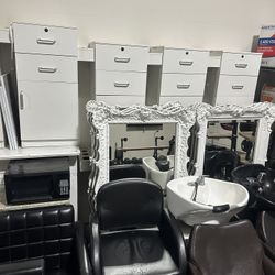 Hair Salon Stations, Chairs, Mirrors, Trays. 