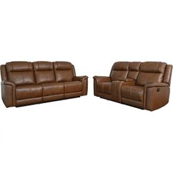 REAL LEATHER MANUAL SOFA & LOVESEAT W/ CONSOLE