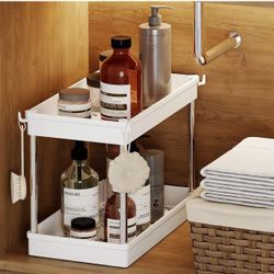 Under Sink Organizer and Storage, 2-Tier Under Bathroom Sink Storage Organizer Bath Collection Basket with 4 Hooks,Under Sink Shelf Organizer Rack,Mul