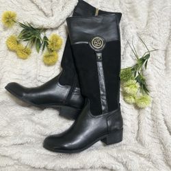 Women's Liz Claiborne Roma Wide Calf Stacked Heel Riding Boots in Black, size 6