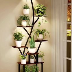 Plant Stand Indoor with Grow Lights 64" Tall Plant Shelf with Wheel Lighted Corner Plant Stands for Indoor Growing Multiple Metal 8 Tiered Large Flowe