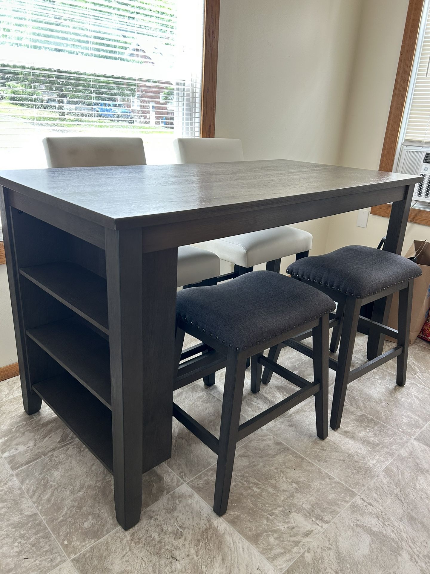 4 Piece Dark Gray Dining Table Without The Cream Chairs, Table Goes With 4 Stools “Great Condition”