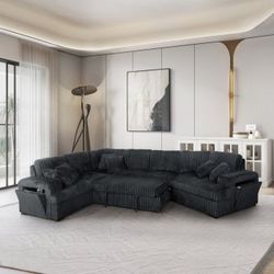 Large Black Corduroy Sectional Sofa with Ottoman