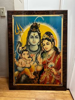 Vintage Framed Hindu Lithograph / Devotional Print – Shiva, Parvati, Ganesha Wall Art