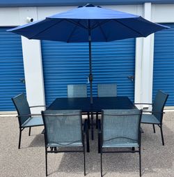 PATIO DINING CHAIRS AND DINING TABLE WITH UMBRELLA BLUE 8pc