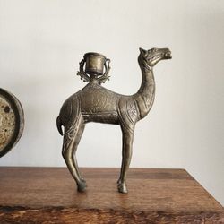 Vintage Large Etched Solid Brass Material Camel Candle Holder Figurine 
