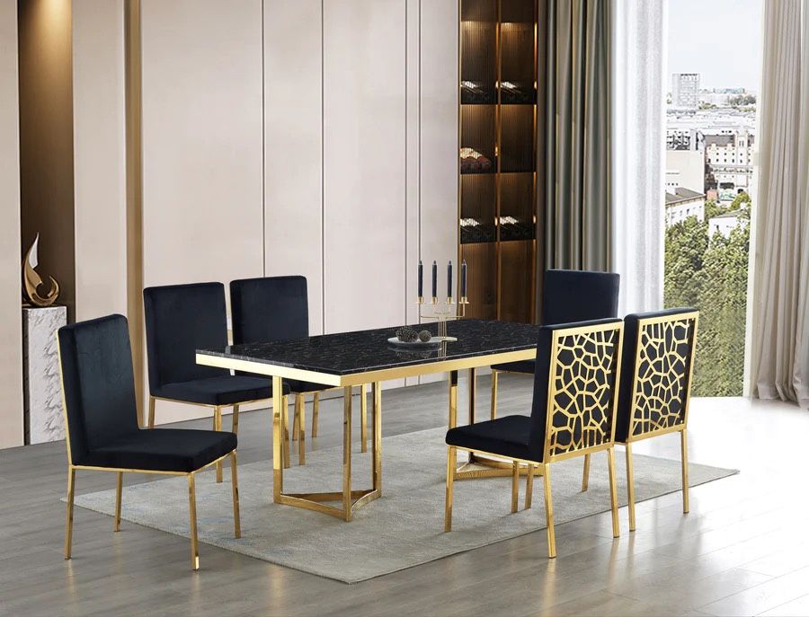 7 PIECE DINING TABLE SET BLACK FAUX MARBLE TOP GOLD FRAME,All Products : American Fashion Style Bags On Sale