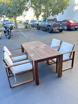 4 Chairs + 69”x33” Outdoor Patio Wooden Dining Table w/Umbrella Hole (need Minor Work)