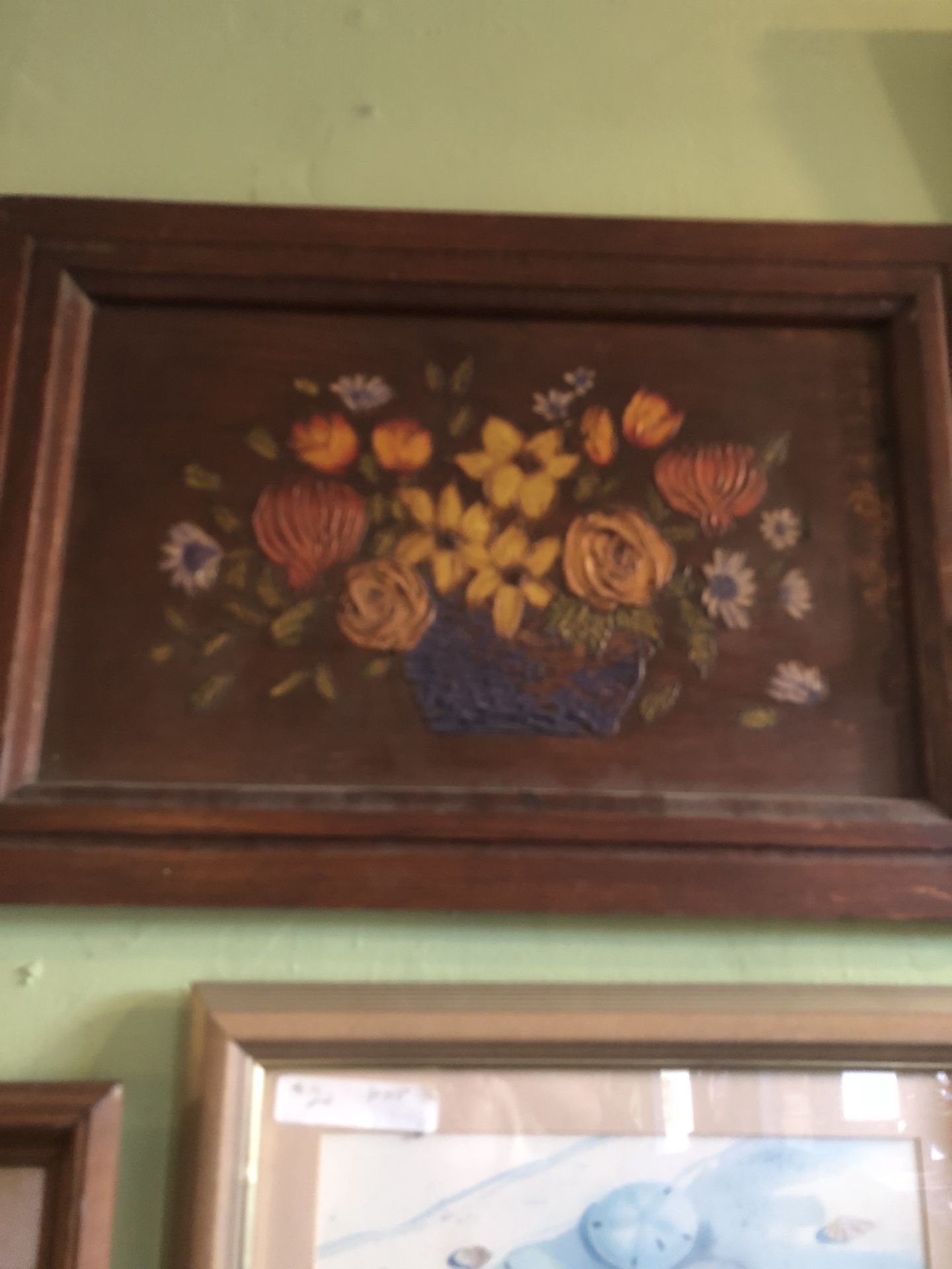 Antique vintage rustic farmhouse wood floral painting wall art