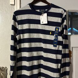 Men’s Ralph Lauren polo blue gray striped shirt