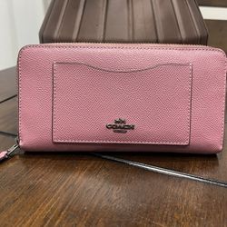 Coach Accordion Zip Wallet Crossgrain Leather Dusty Rose Pink Large Pre-Owned