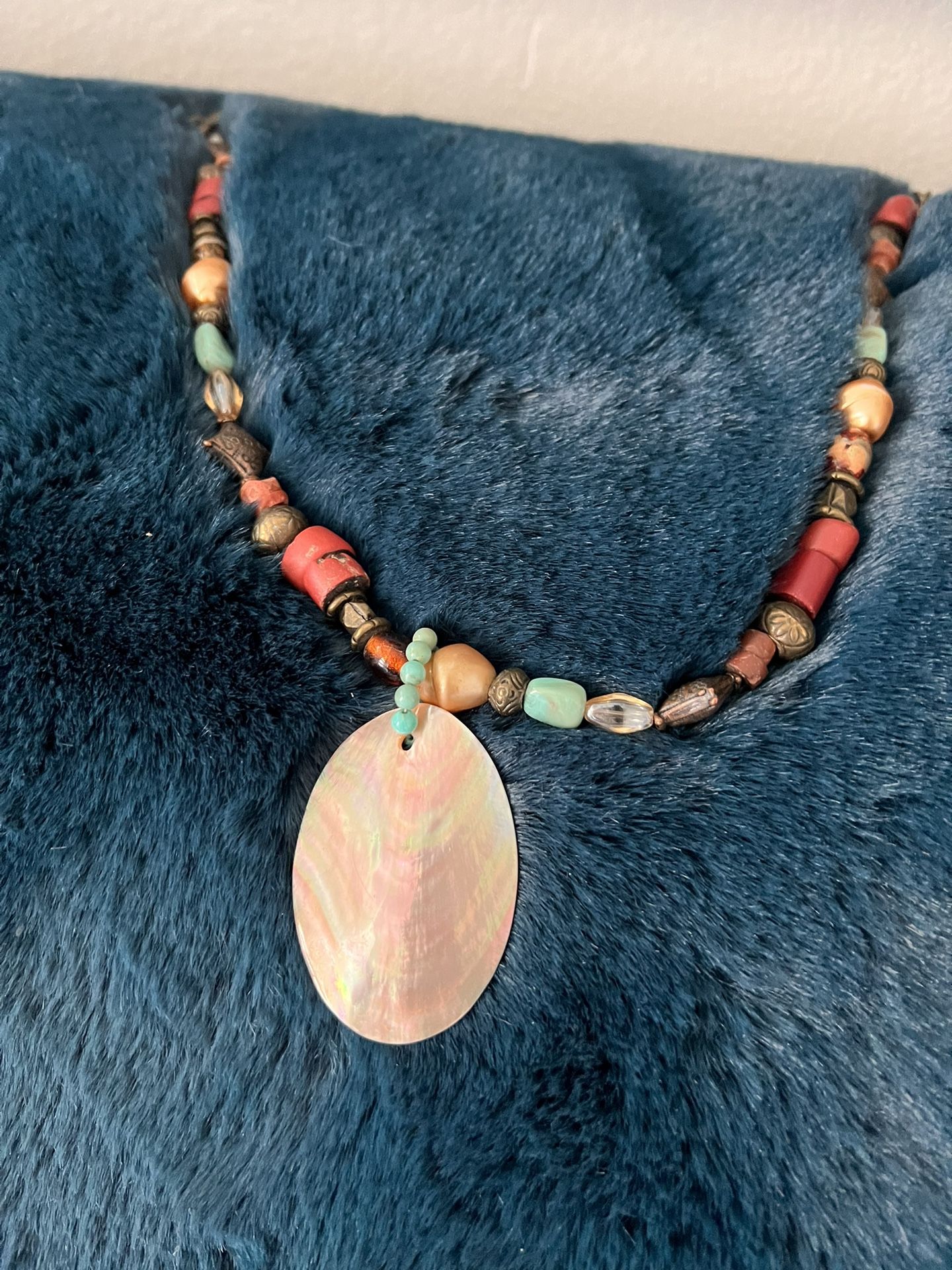 Beautiful Shell, Turquoise, And Wood Necklace