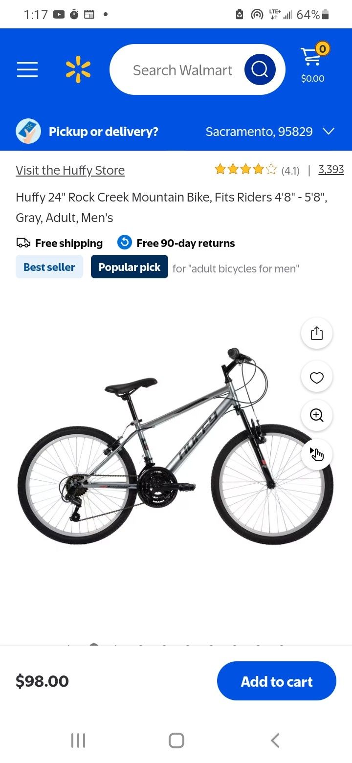 Huffy Rock Creek Mountain Bike, 24" Wheels, Adult Ages 13+, 18-Speeds, Grey