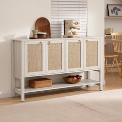 Rattan Sideboard Buffet Cabinet with Open Storage - Large Storage Cabinet with 4-Doors and Adjustable Shelves, Boho Credenza Coffee Bar Cabinets Buffe