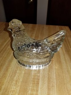 Vintage Chicken On A Basket Glass Candy Decanter