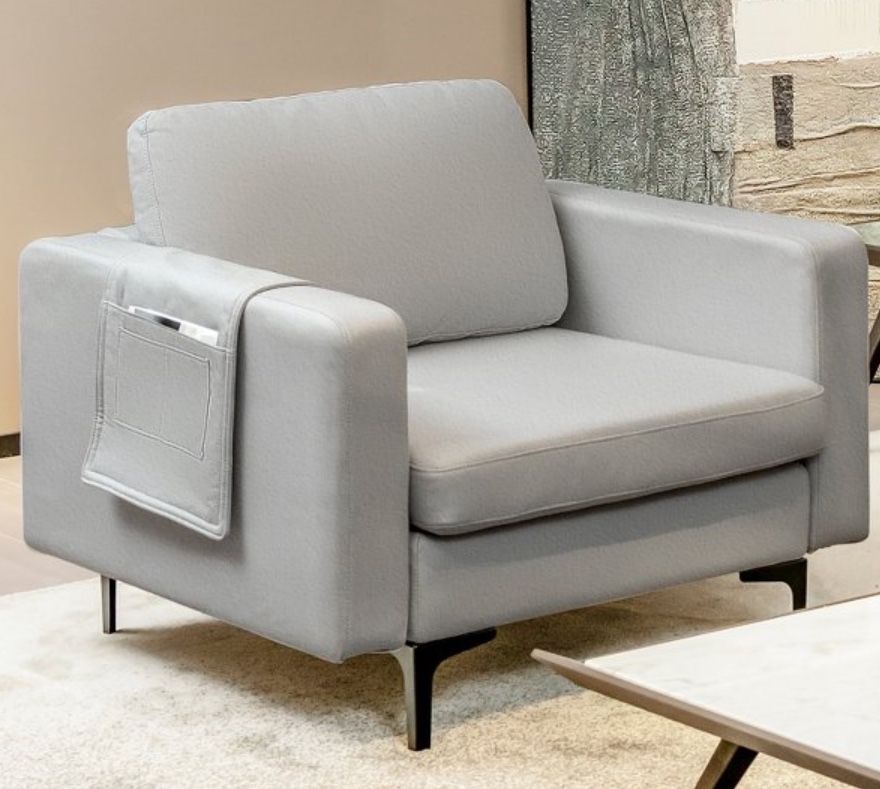 2x Costway Modern Leathaire Accent Armchair Single Sofa with Side Storage Pocket Light Grey