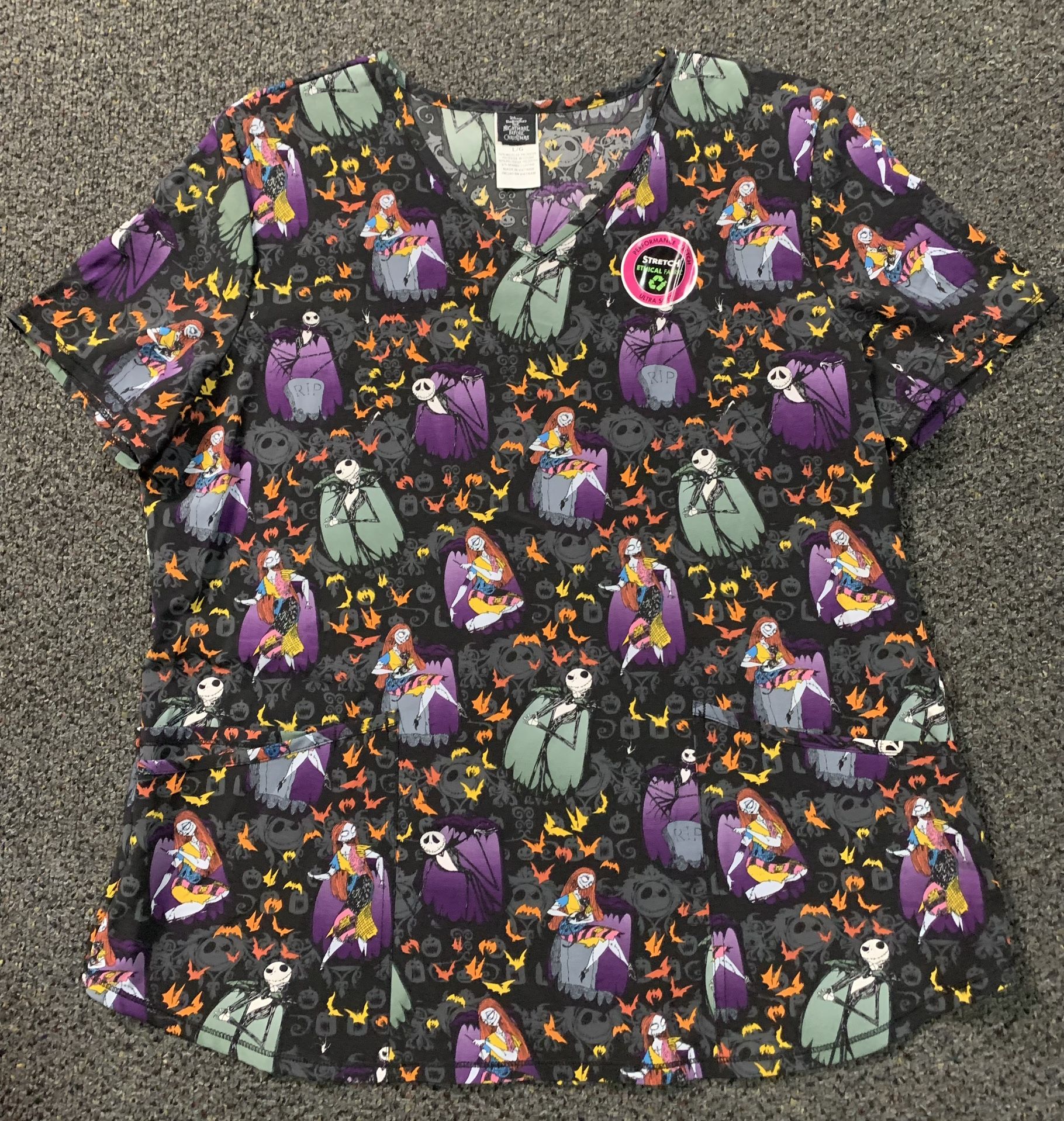 New women’s size large Nightmare Before Christmas Jack and Sally Skellington ultra soft stretch polyester and spandex Halloween scrub top 