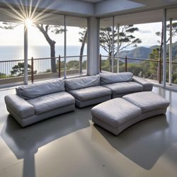 Roche Bobois MD France 4p Dolphin Gray Leather Couch Sectional Ottoman