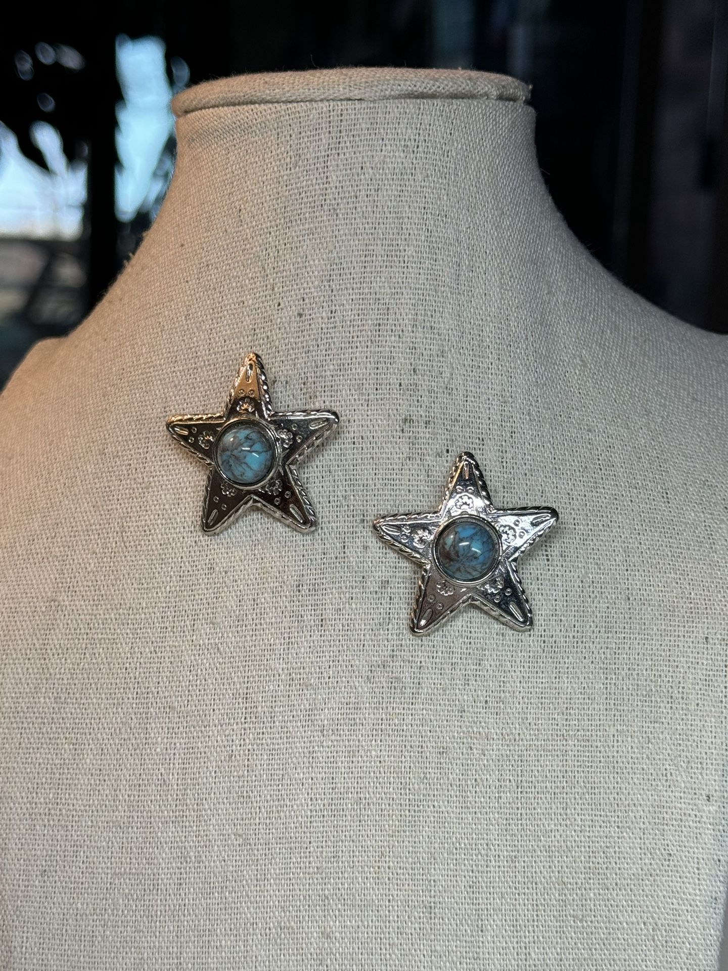 Southwestern Faux Turquoise Accented Silver Tone Star Pierced Earrings