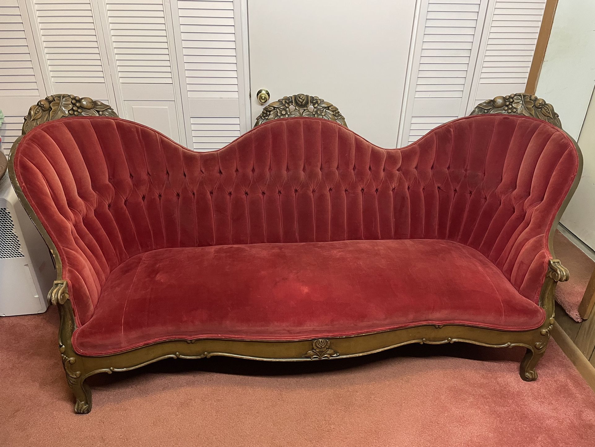 Amazing Vintage Victorian Rococo Tufted Velour Sofa - Burgundy