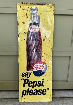 Vintage Pepsi Cola Vertical Tin Litho Bottle Advertising Sign