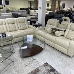 Genuine Leather Ivory 2 Sofas Dual Power Recliner With Drop Down Console & Wireless Charging Ports