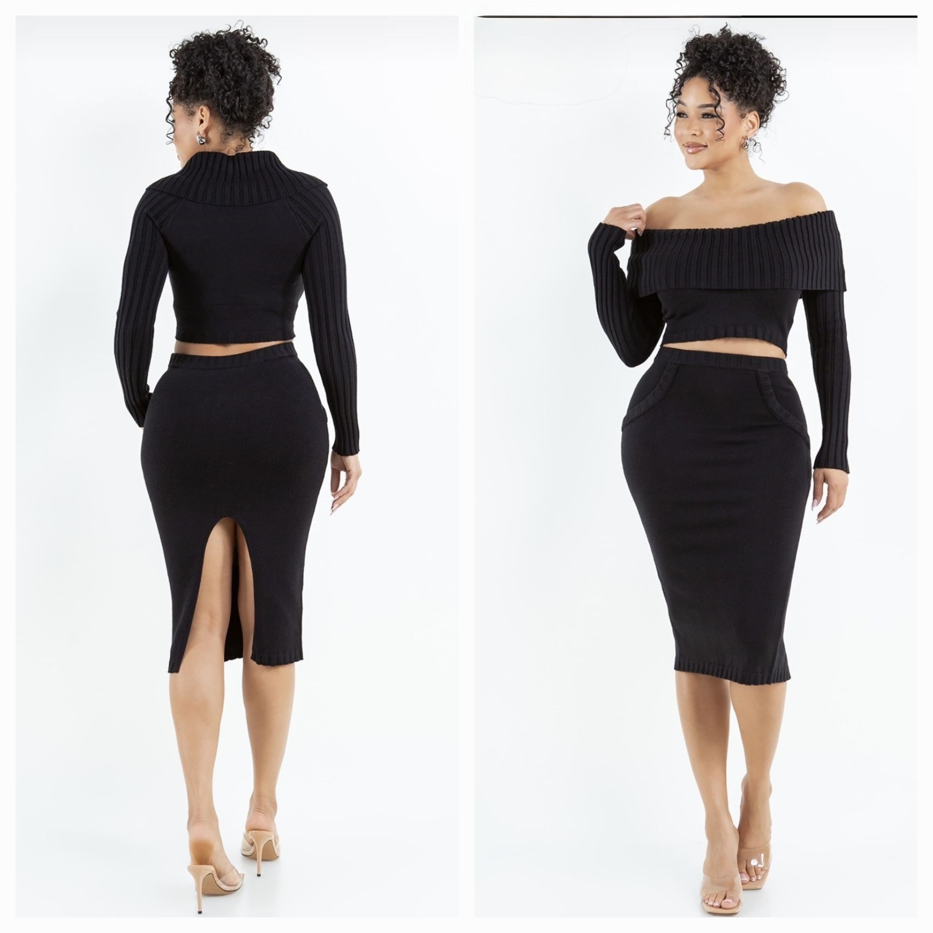 Black Off Shoulder Knit Skirt Set