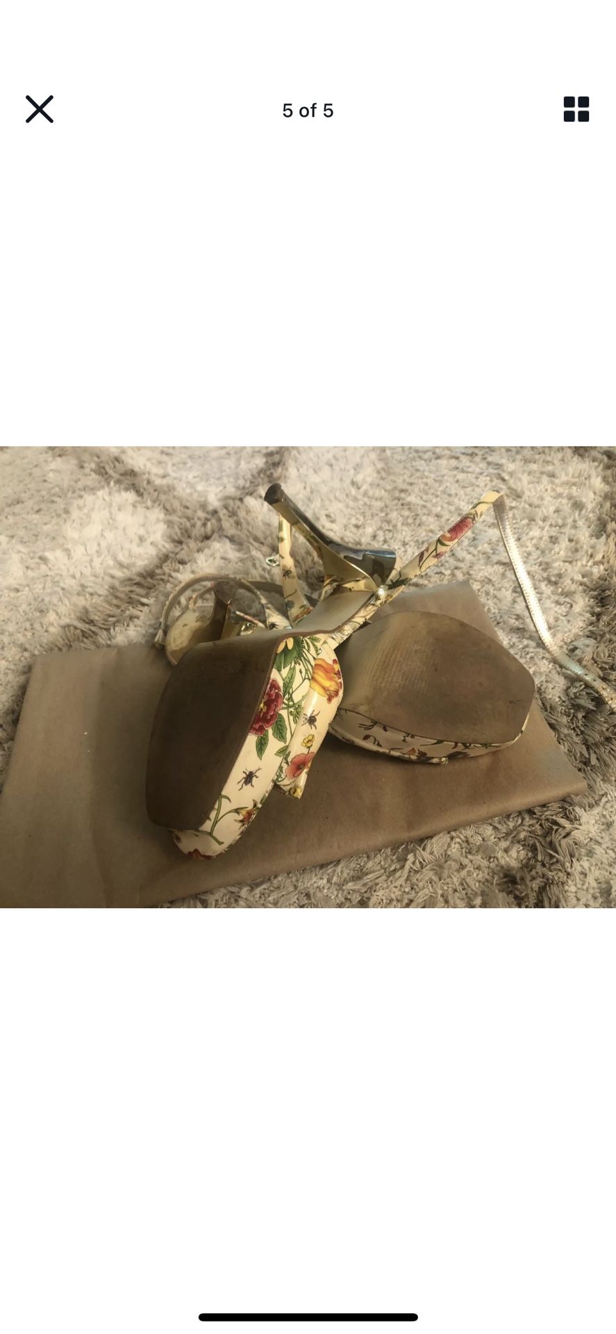 Guess Marciano Empower Patent Floral Ankle Wrap Strap Platform Gold Heels 7
