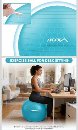 APEXUP Blue Anti-Burst Anti-Slip PVC Exercise Ball w/ Foot Pump Large 65cm