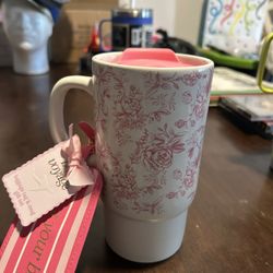 Bon Voyage Travel Set: Pink Floral Ceramic Mug + Matching Luggage Tag NWT 