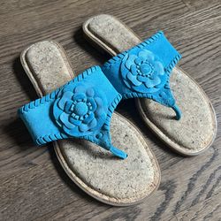 Blue Floral Leather Sandals, Size 10