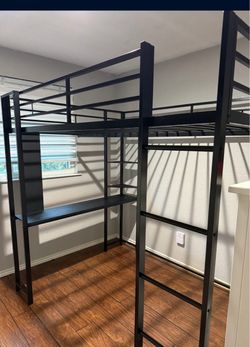 Full Size Metal Loft Bed w/ Built-In Desk & Ladder