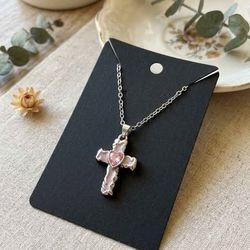 Y2K Cyber-Goth Dripping Cross Necklace – Baby Pink Enamel (New)