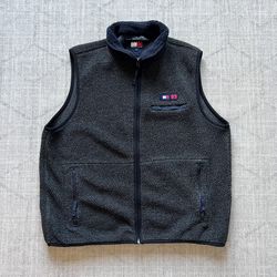 Vintage 1990s Tommy Hilfiger Men’s Dark Grey Zip Up Deep Pile Popcorn Vest XL