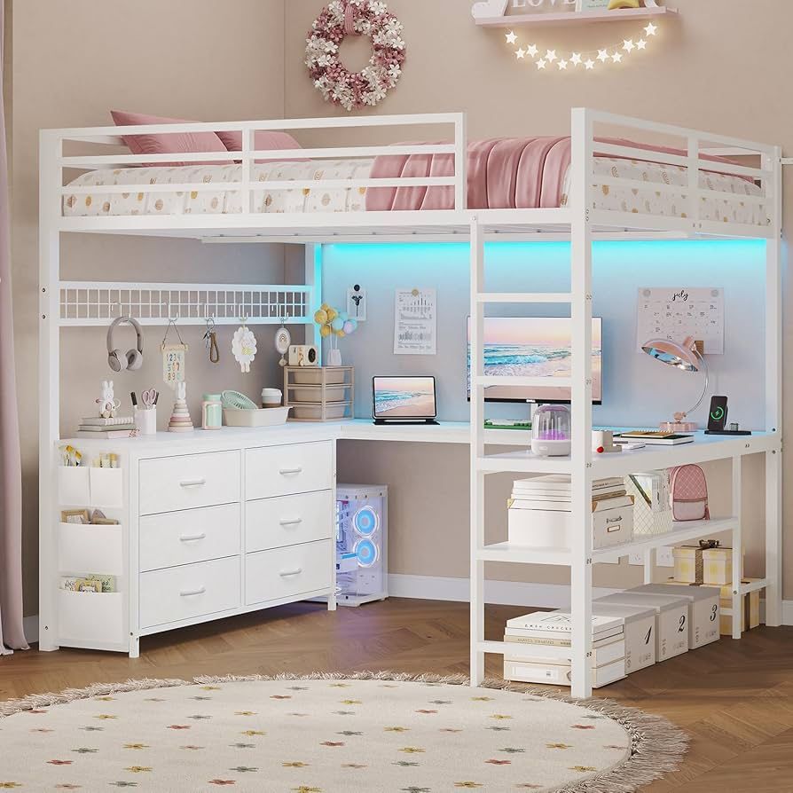 ADORNEVE Loft Bed Full Size with U-Shaped Desk, 6 Storage Drawers, Power Outlet, LED Metal Loft Bed with 2 Storage Shelves, Bed with Safety Guardrail 