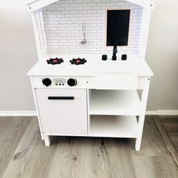 Best Choice Products Farmhouse Play Kitchen Toy, Wooden Pretend Set for Kids w/Chalkboard, Marble Backdrop, Windows, Storage Shelves, 5 Accessories In