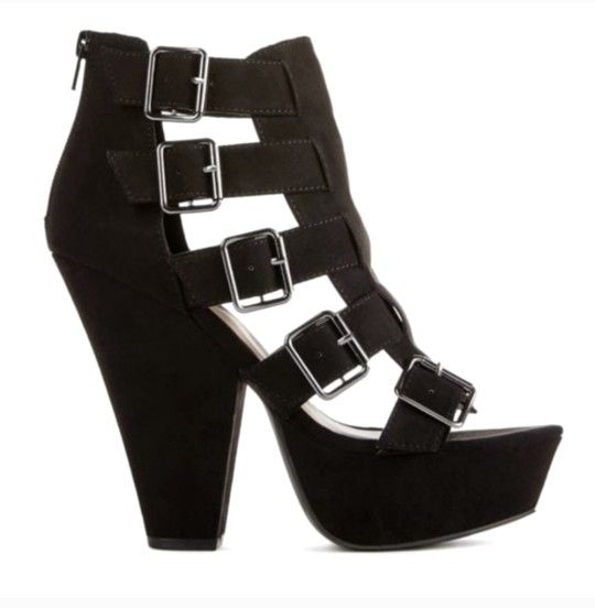 Just Fab Black Buckled High Heel Wedges Sz 8.5